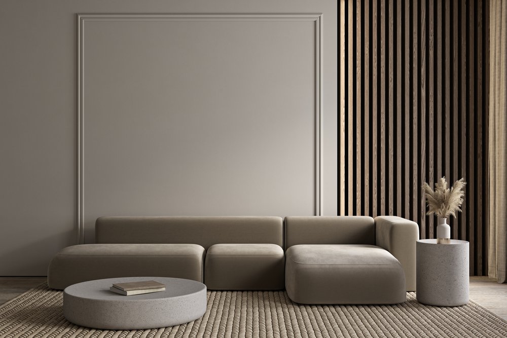 Modern,Minimalist,Gray,,Beige,Interior,With,Sofa,,Wall,Moldings,,Carpet